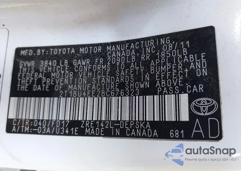 2011 Toyota Corolla S из США, поврежденный, VIN 2T1BU4EE2BC676323